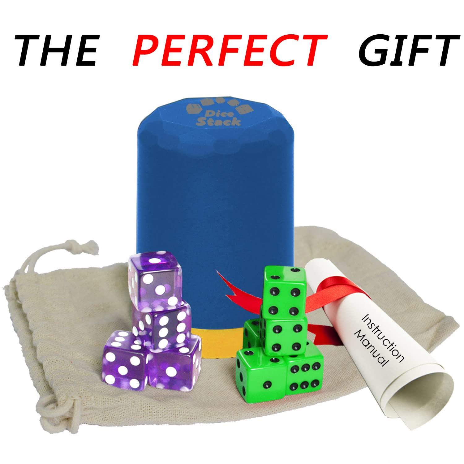 HIOHWEFH Dice Stacking Cup(Blue) Set with 4 Pcs 19mm(Purple) and 5 Pcs 18mm(Green) Standard 6 Sided Dices, with Storage Bag-Magic Tricks Instruction