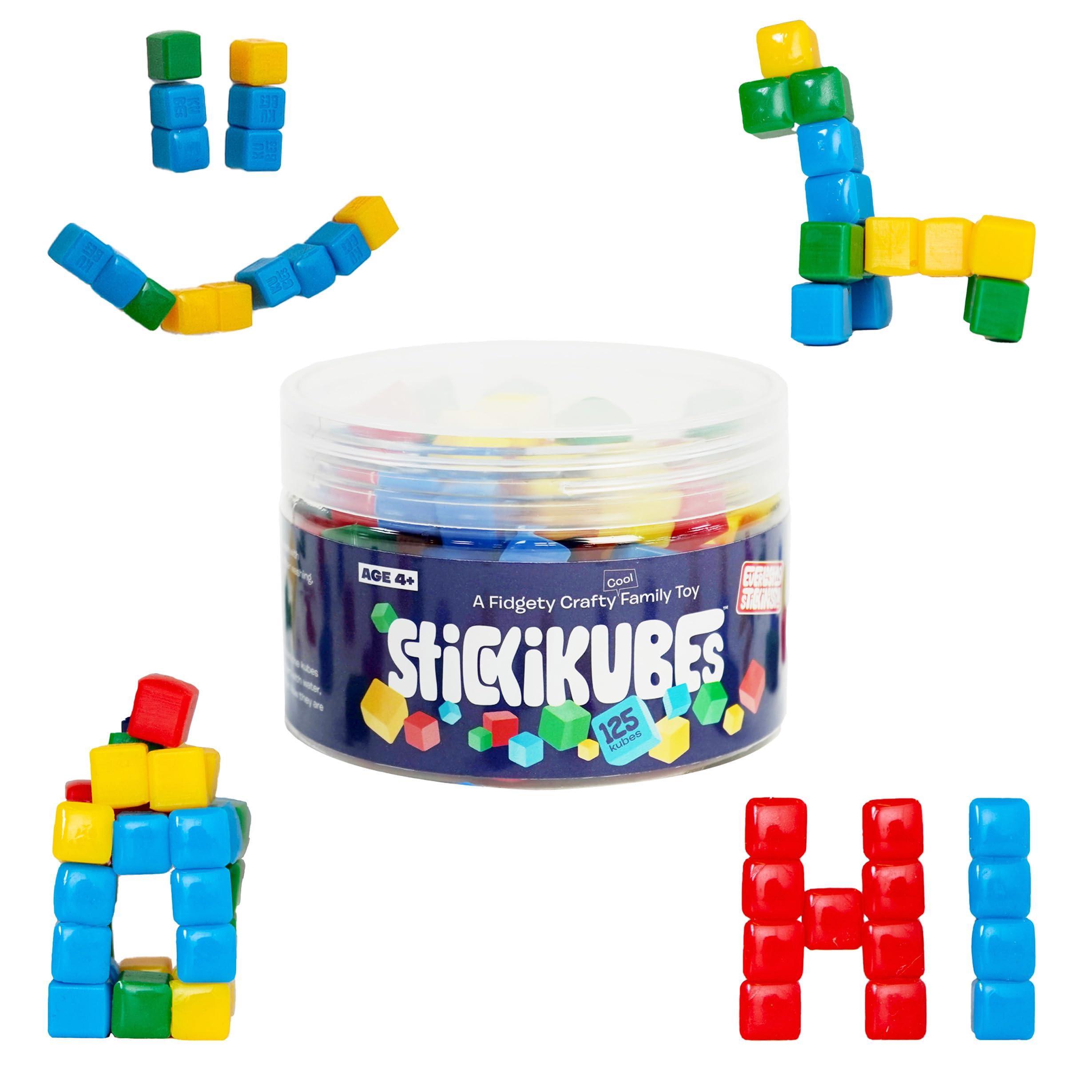 KOMARC GAMES KOMARC GAMES StickiKubes, Mini Stacking Cubes That Stick to Anything, Non Toxic Kid Safe Sticky Blocks, Creative Construction Toy - 125 Cubes, 4 Colors, Tub