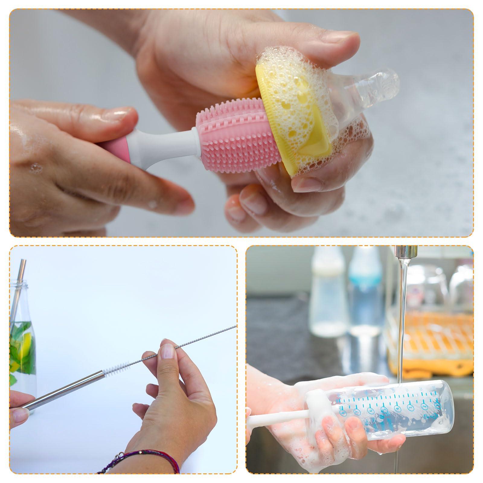 uxcell uxcell 3 in 1 Silicone Bottle Cleaning Brushes, 360 Degree Rotation Long Curved Handle Water Bottles Cleaner Kits, Straw Cleaning Brushes for Milk Bottles, Cups (Pink)