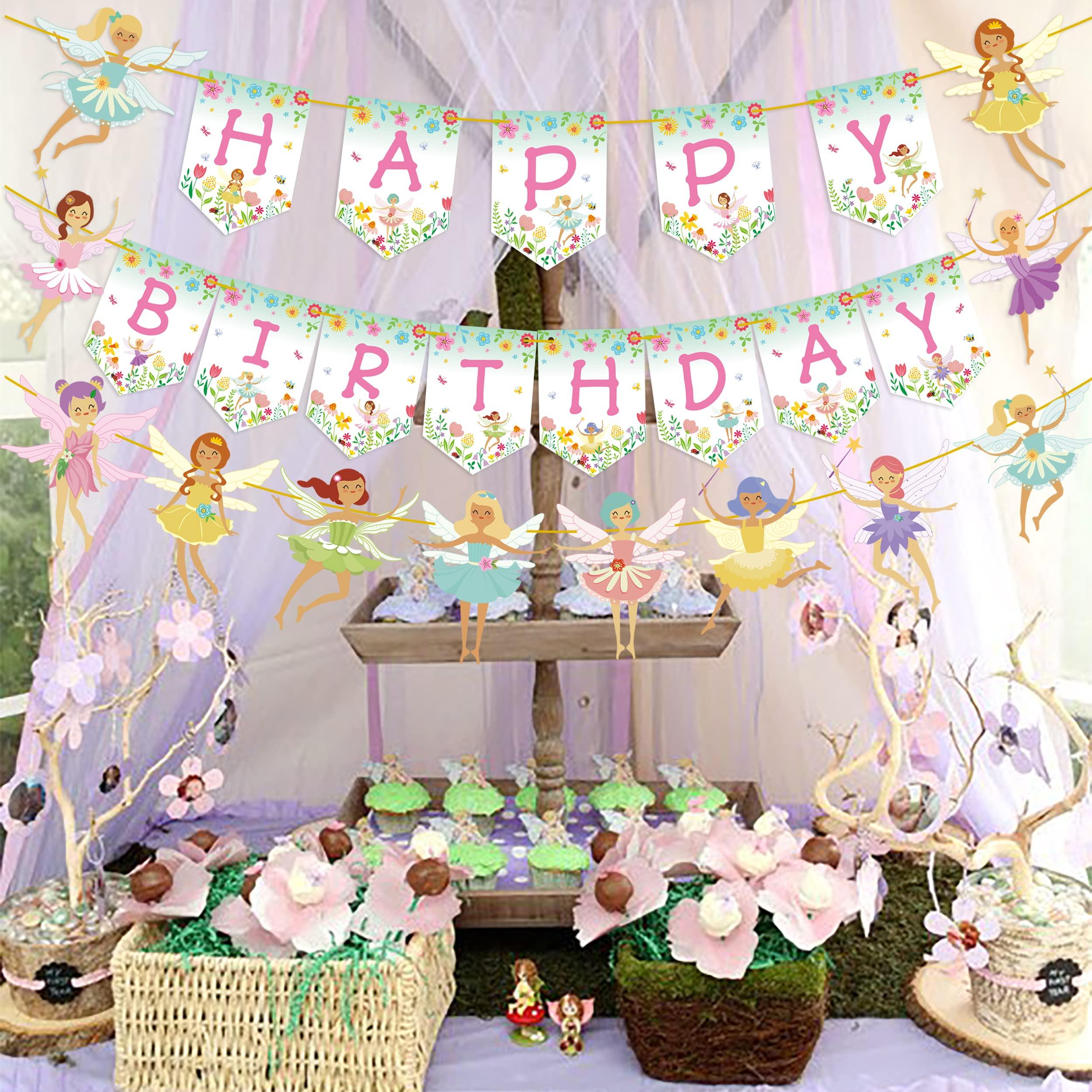iPartyFun Fairy Birthday Party Decoration Flower Fairies Girls Birthday Banner Fairy Hanging Decoration Colorful Happy Birthday banner Fairy Party Favors Fairy Garden Decoration for Fairy Theme Birthday Party
