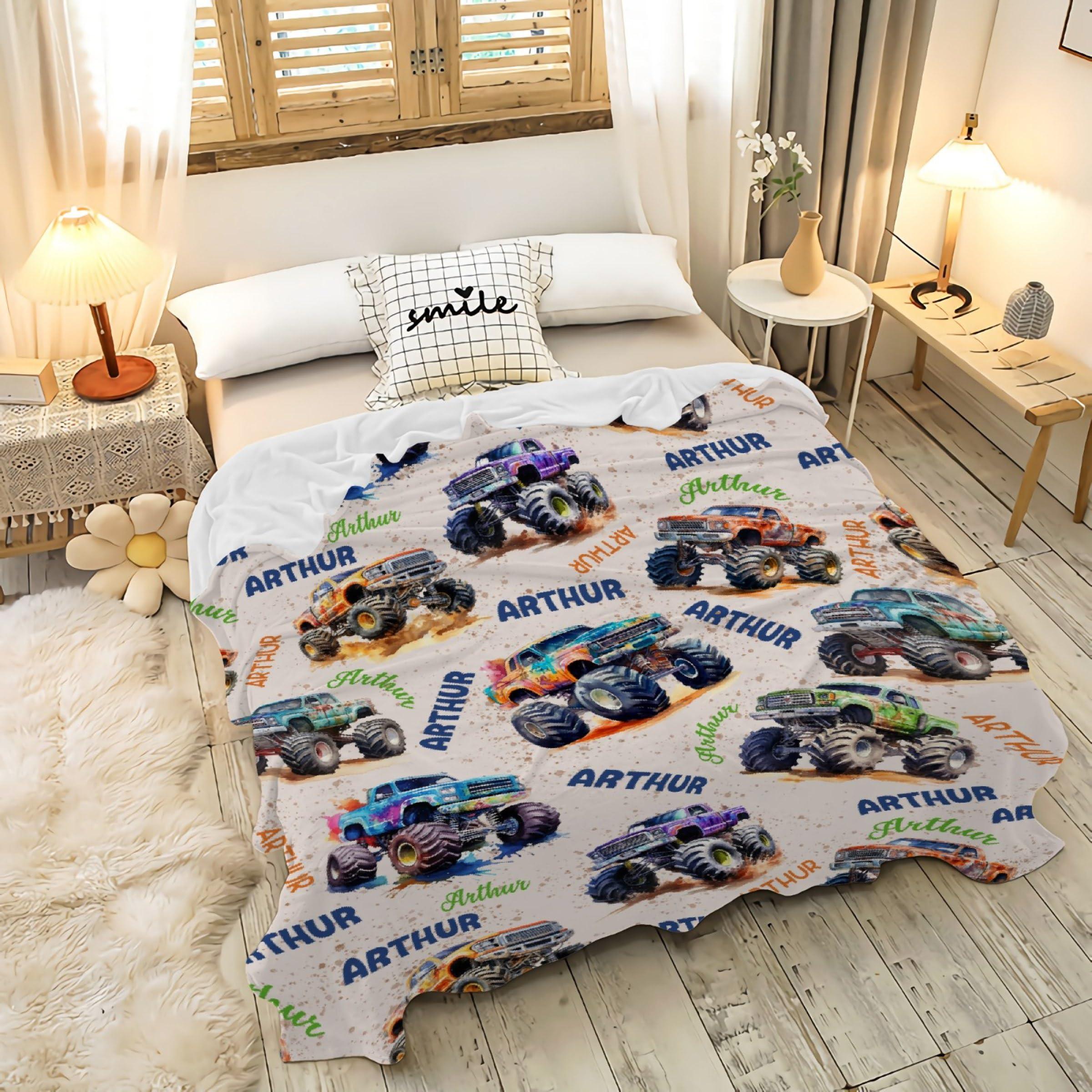 Todeyya Todeyya Personalized Mon-Ster Baby Blanket Gifts Custom Mon-Ster Trucks Toddler Blankets for Boys Mon-Ster Trucks Plush Throw Blanket, Trucks Bedding Room Decor for Boys 120"x90"
