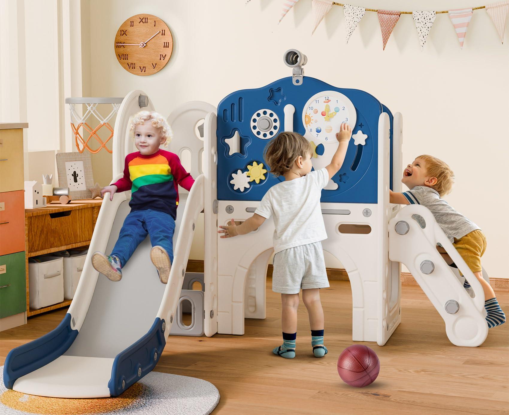 BIERUM BIERUM 10 in 1 Toddler Slide, Astronaut Themed Baby Slide for Toddlers Aged 1-3, with Astronaut Design, Phone Call Design and Basketball Hoop, Toddler Playset Toddler Playground Blue Gray