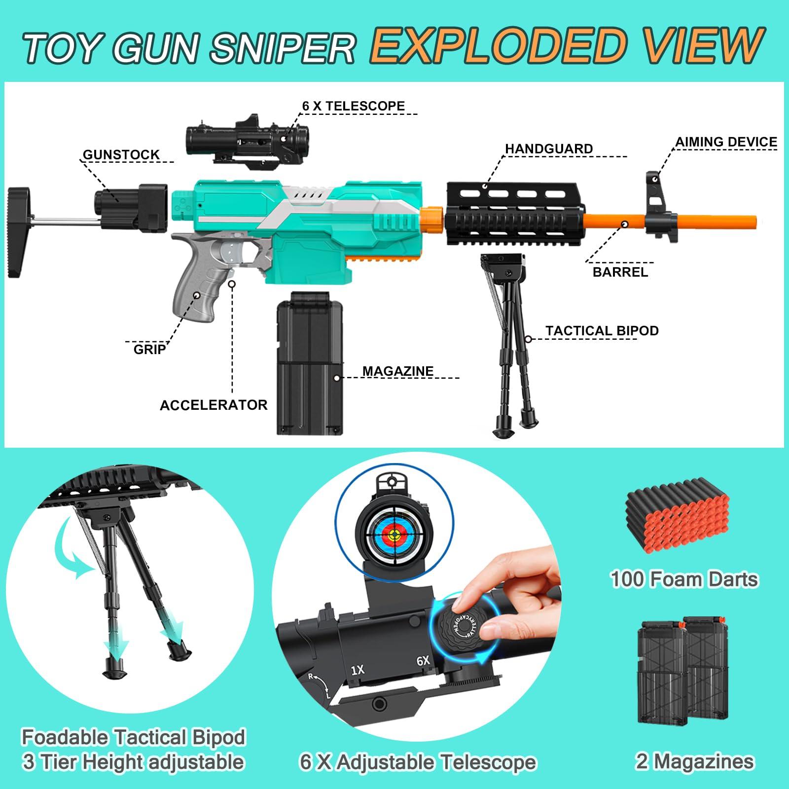 Averfeel Automatic Toy Gun for Nerf Guns Bullets - 3 Modes Toy Foam Blasters with Bipod, 2 Magazine Clips, 100 Bullets, Automatic Machine Gun for Boys Kids Age 6-12, Gifts for Birthday Christmas