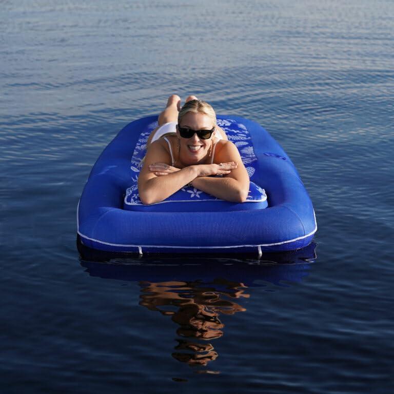 Aqua LEISURE Aqua Premium Convertible Pool Float Lounge Extra Large Heavy Duty, Inflatable Pool Floats for Adults with Cupholder Navy/Green/White Stripe