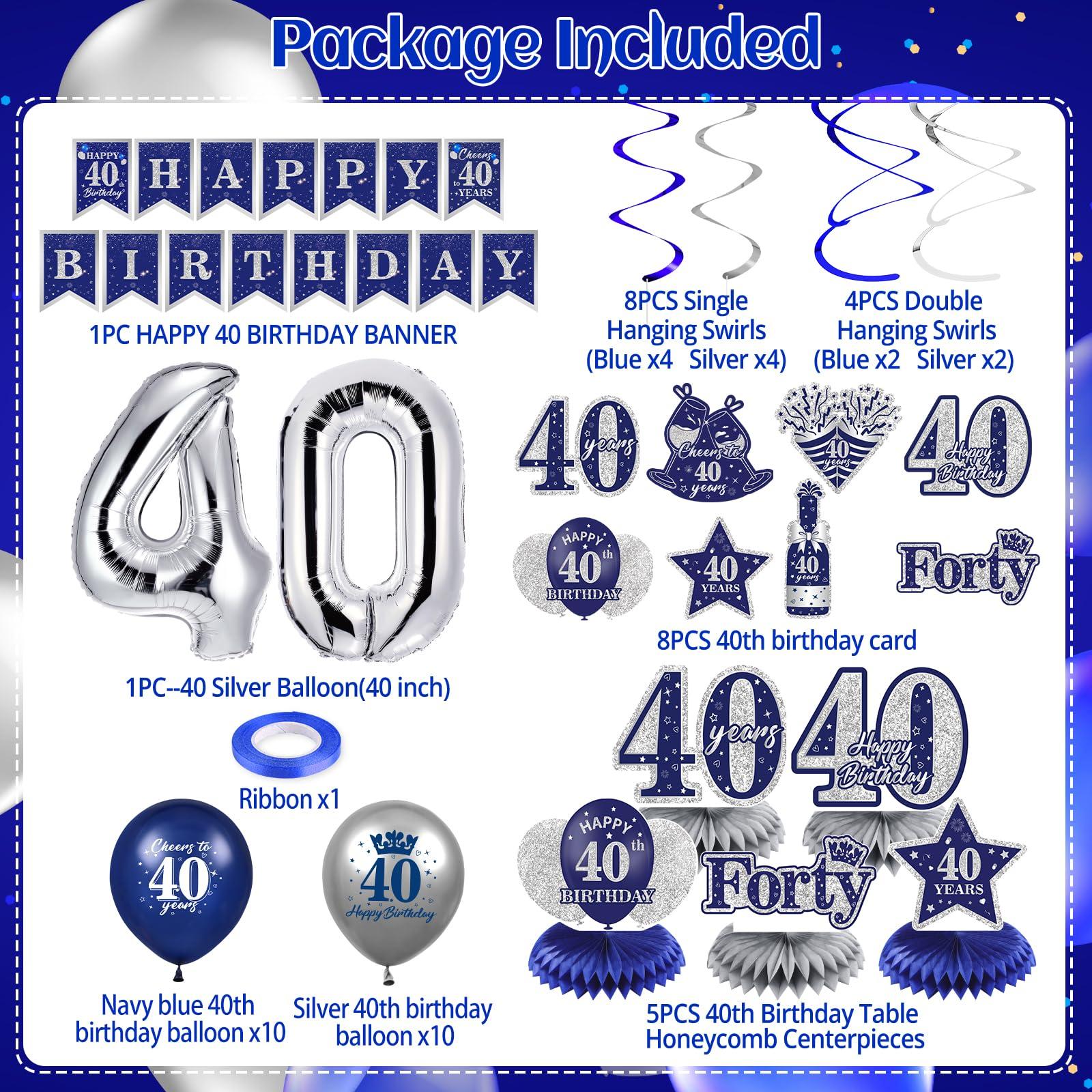 RUMIA Blue 40th Birthday Decorations for Men Women, 47Pcs Navy Blue Silver Happy 40th Birthday Banner Balloons Honeycomb Centerpiece Hanging Swirls Kit for Cheer to 40 Years Birthday Party Supplies Decor