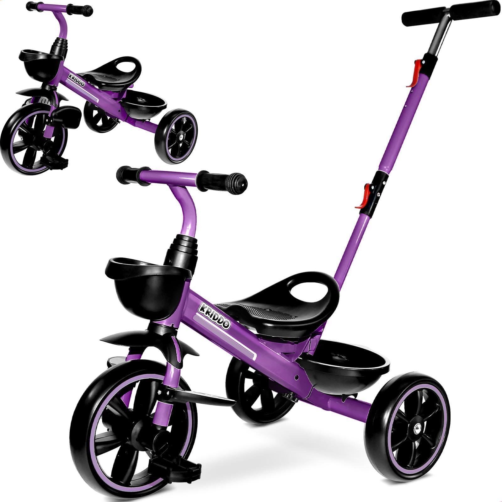 KRIDDO KRIDDO 2-in-1 Toddler Tricycle for Ages 18 Months to 5 Years Old - Extended Push Handle for Effortless Push, Gift Trike for Toddler 3 to 5 Year, Kids Tricycle with Foldable Front Footrest, Purple