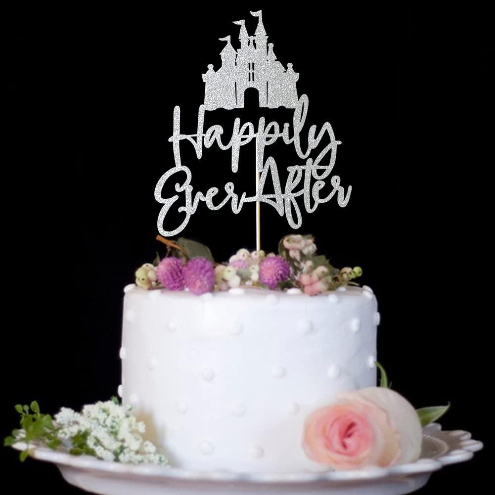QXQXBA Happily Ever After with Castle Cake Topper Cinderella Castle Wedding Cake Decoor Engagement Bridal Shower Party Decorations Silver Glitter