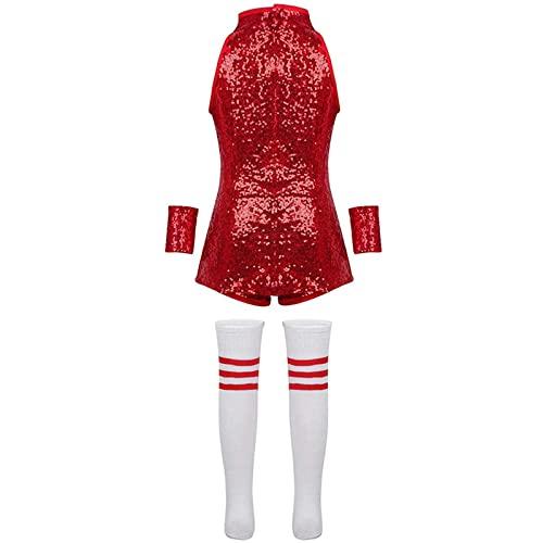 TAIKMD TAIKMD Girls Cheerleading Costumes Set Sequin Leotard Hip Hop Jazz Street Dance Suit Dress Shorts Wrist-Sleeves Socks Outfit (Red, 4-5)