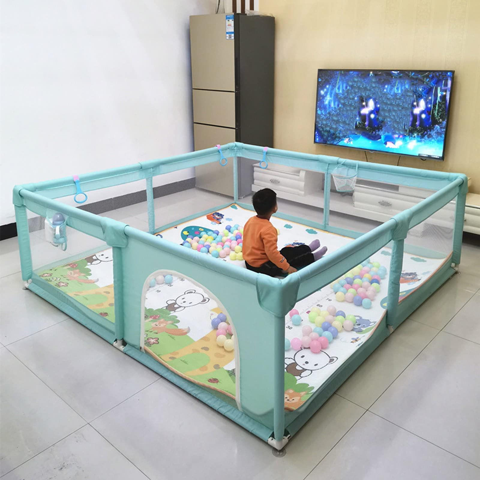 Jolan Baby Playpen with Mat,Portable Kids Indoor Outdoor Activity Center Playpen,Baby Fence with Breathable Mesh and Anti-slip Suction Cup,Safety Playard Fence,Crawling Playpen,Green-120180cm