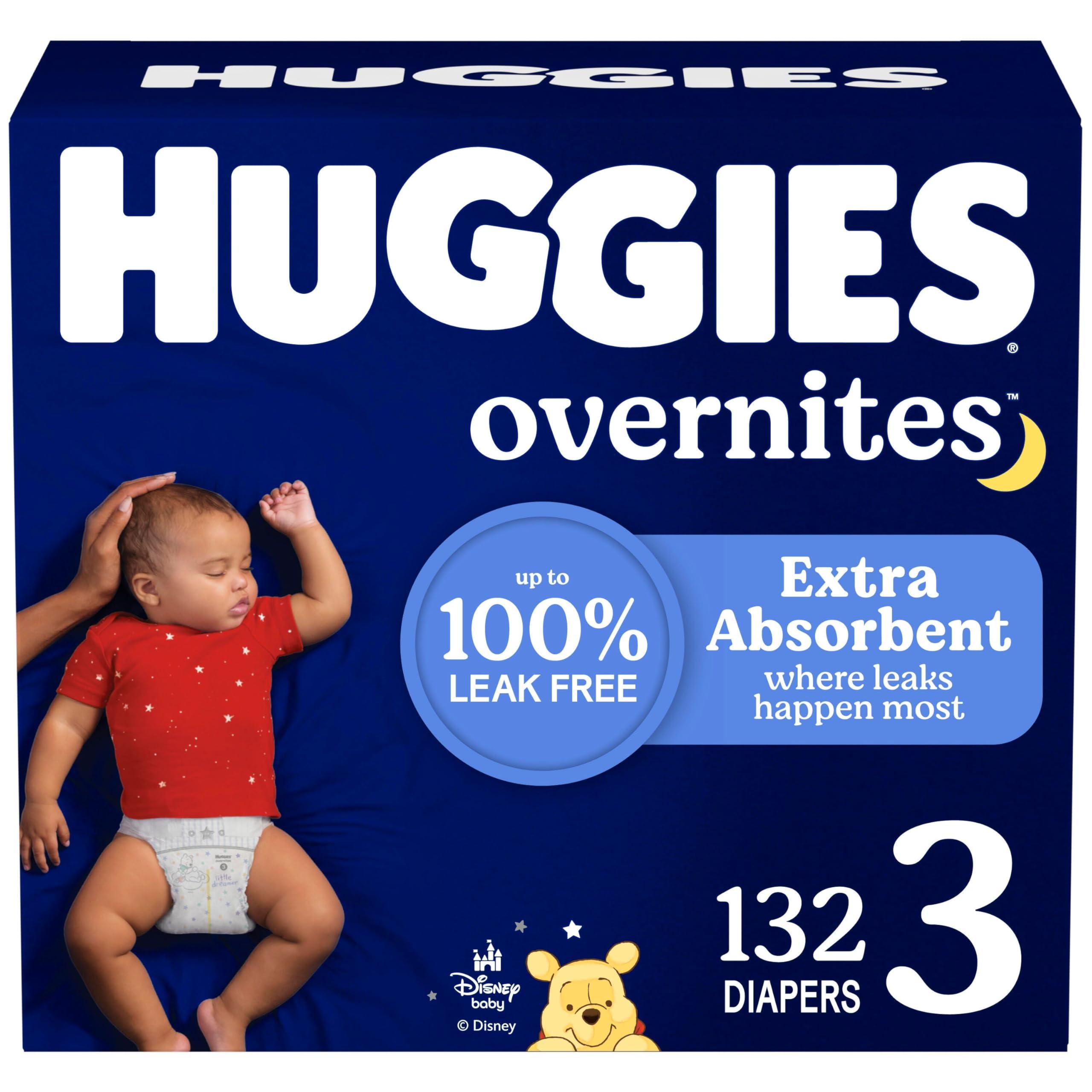 HUGGIES Huggies Size 3 Overnites Baby Diapers: Overnight Diapers, Size 3 (16-28 lbs), 132 Ct (2 Packs of 66)
