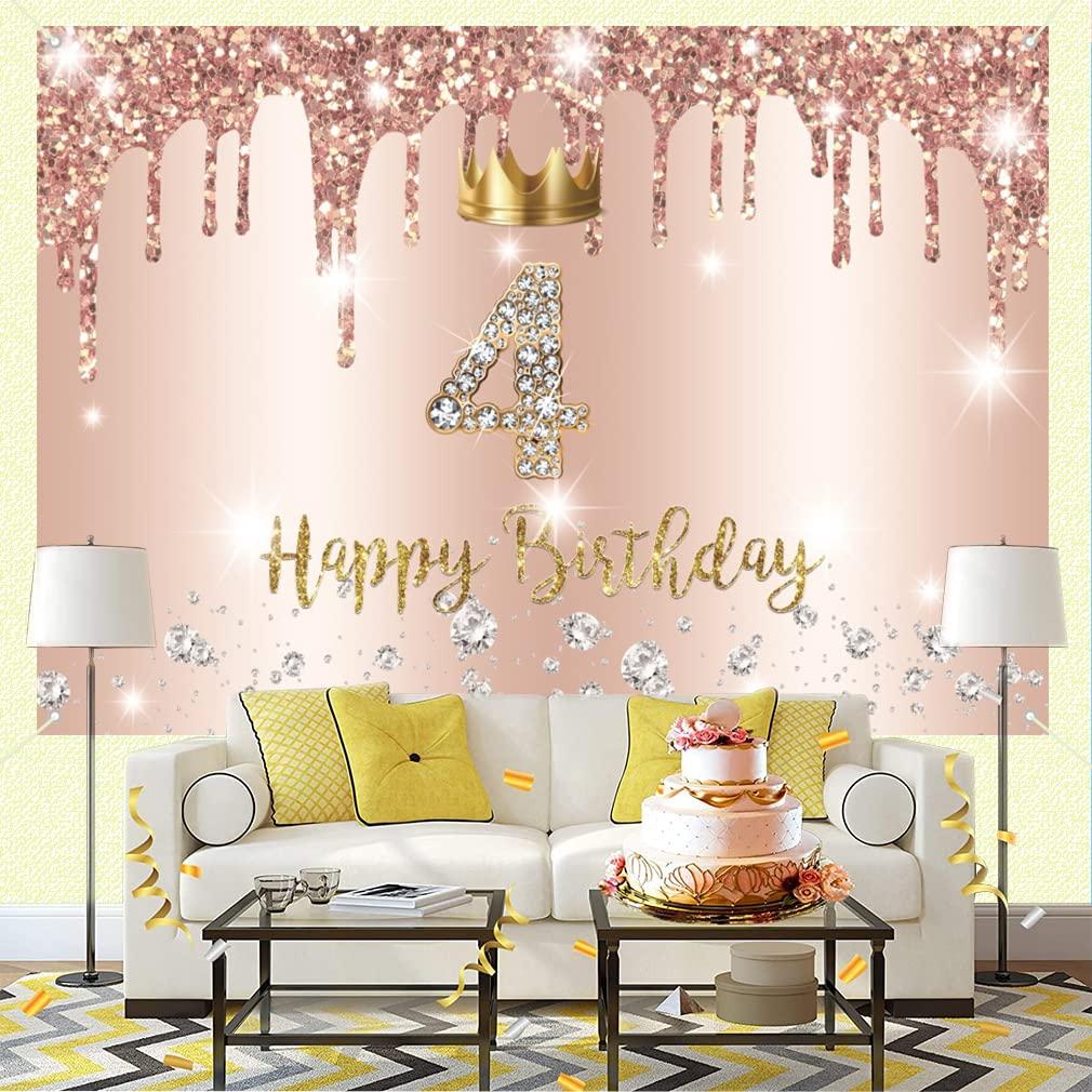 Tecreo Happy 4th Birthday Decorations Backdrop Banner for Girls 4 Years Old Fabric Sign Poster Rosegold Photography Background 4th Birthday Party Supplies, 59\"x35.4\"