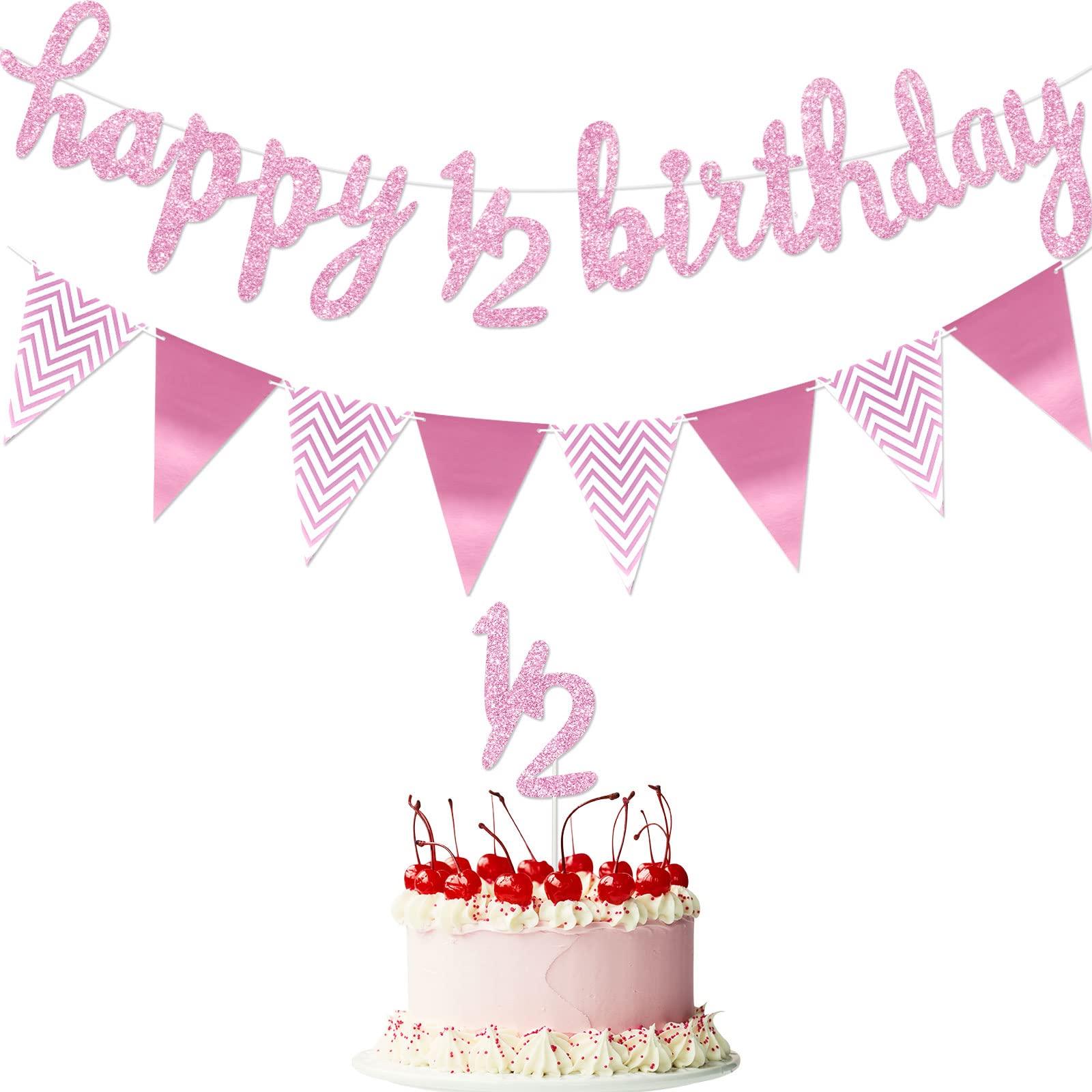 Boao 6 Months Banner Happy Birthday Banner Happy 1/2 Birthday Banner Glitter 1/2 Half Year Cake Topper Triangle Flag Banner for Half Year Baby Shower Birthday Party Decoration, Pre-strung (Pink)