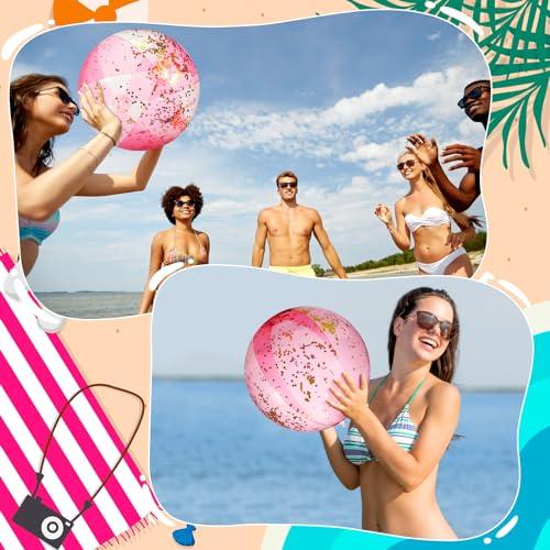 Chitidr Chitidr 12 Pcs 16 Inch Inflatable Beach Ball Glitter Bulk Clear Confetti Pool Swimming Bubble Ball Outdoor Summer Pool Party Decor for Adults Swimming Hawaiian Tropical Theme(Pink)