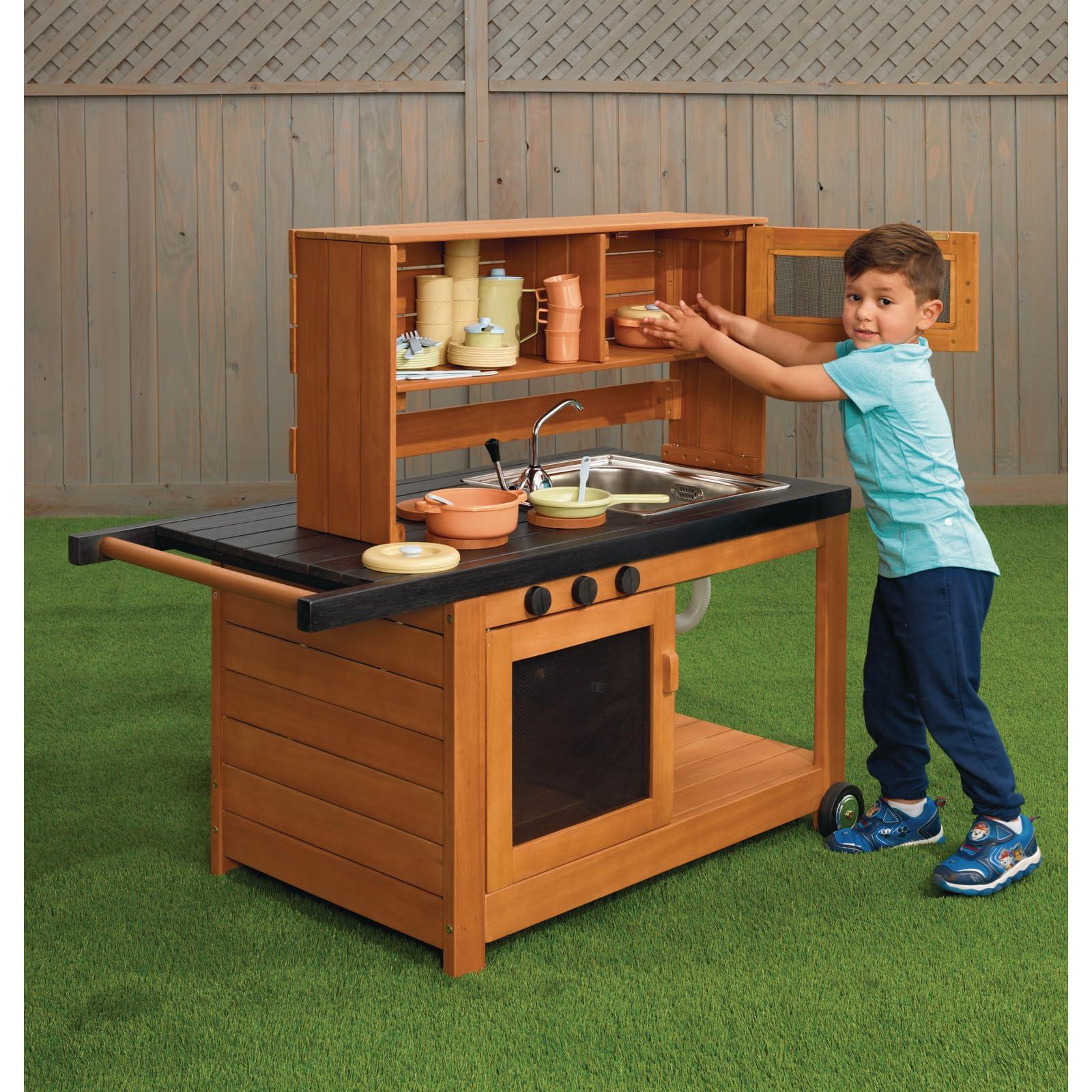 Excellerations Excellerations Indoor-Outdoor Moveable Play Kitchen with Hutch, Sink, and Working Pump Faucet for Preschoolers, Outdoor Learning, Dramatic Play, Cooking Pretend Play