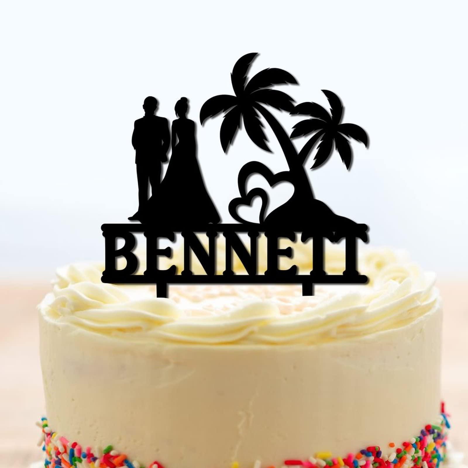 UanMere Beach Cake Toppers Personalized Bride And Groom Wedding Cake Toppers Bride And Groom Under Palm Tree in Beach Keepsake Decoration Black Acrylic Married Silhouette Cake Toppers with Last Name