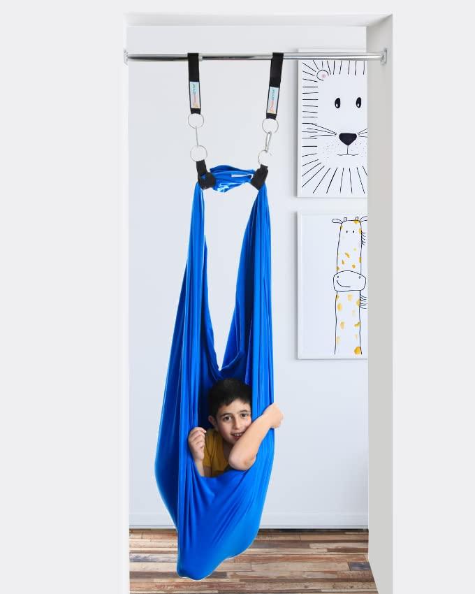 DreamGYM DreamGYM Doorway Sensory Swing Kit - Blue Compression Swing and Trapeze Bar with Red Gym Rings Combo