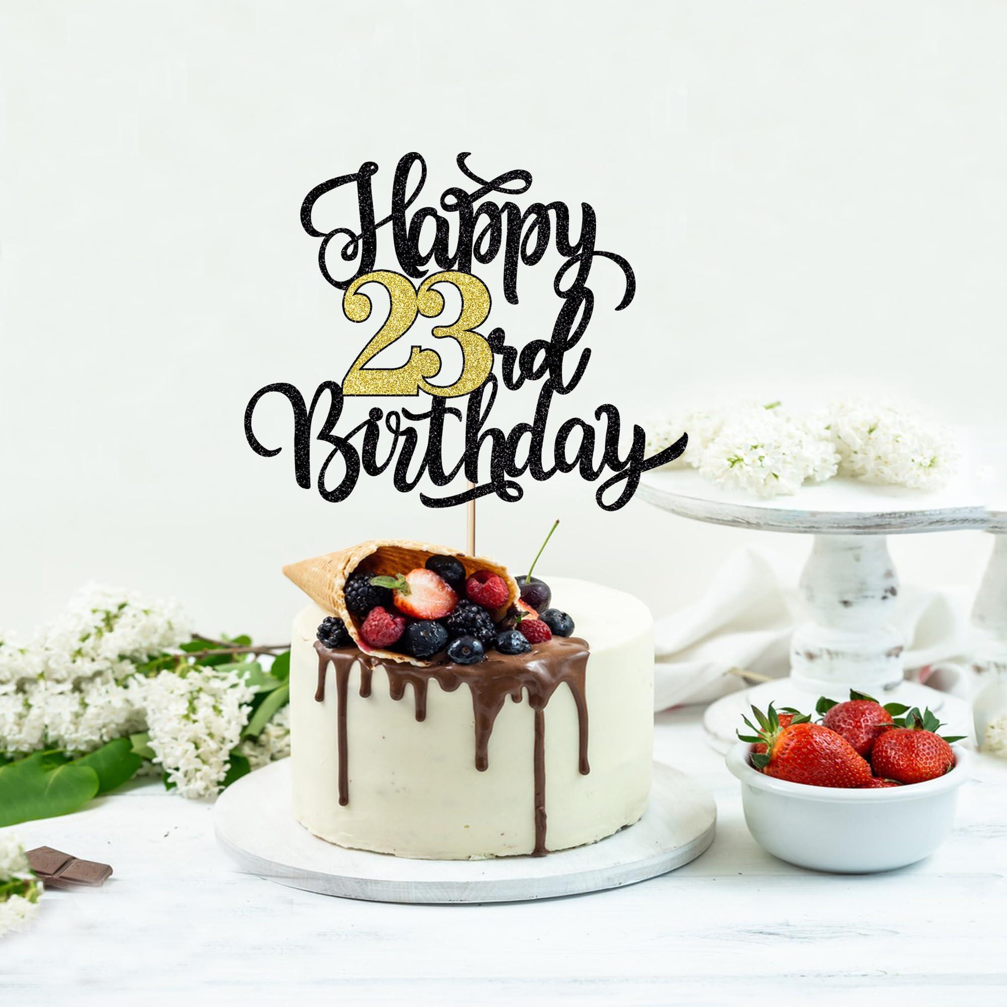 Leetaivie Leetaivie Happy 23rd Birthday Cake Topper, Black Gold Glitter Birthday Cake Topper, 23rd Anniversary/ 23rd Birthday Party Decoration Supplies