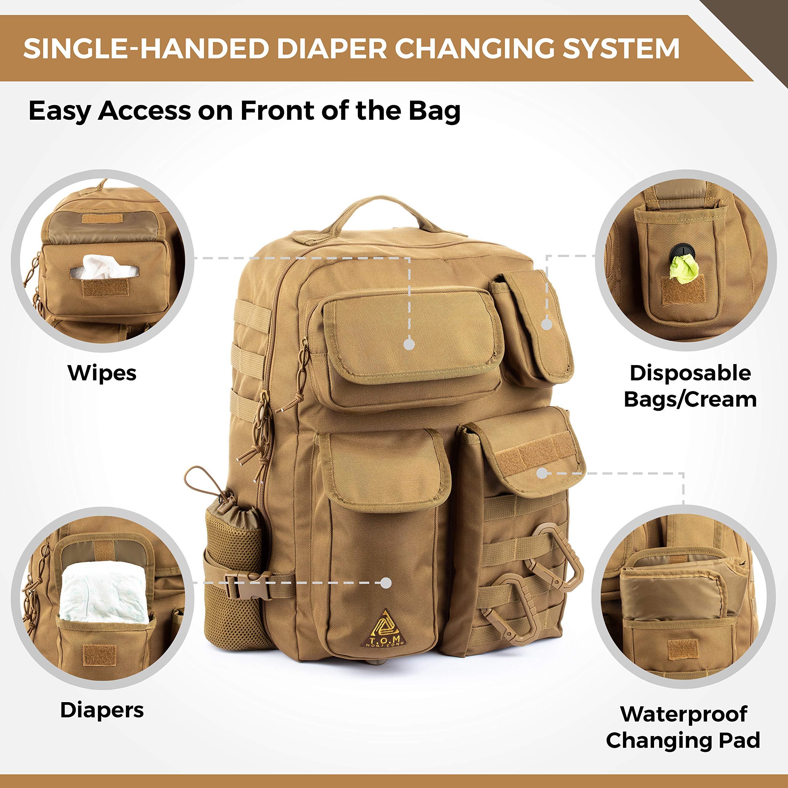 T.O.M HORIZONS T.O.M HORIZONS Sling Diaper Bag for Dad; Single-handed Diaper Changing System. Waterproof Changing Pad, Insulated Bottle Pouches (Khaki)