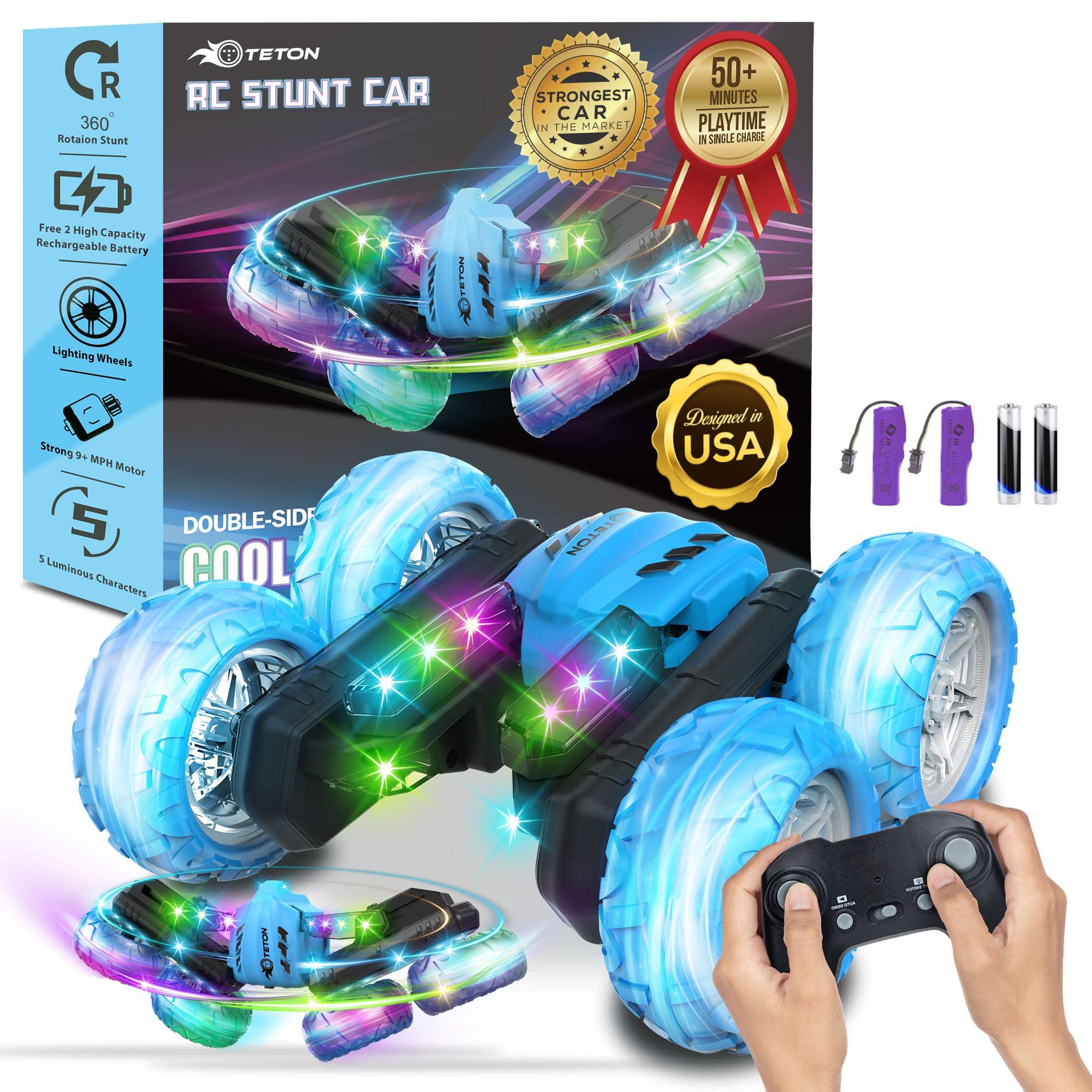 TETON ELECTRONICS RC Stunt Car Double Sided roll,360Rotating Teton Remote Control Car-LED Headlights and Colourful Light Wheels,All Terrain,Rechargeable Toy Cars for 6-12 Year Boys Girls Christmas Birthday Gift