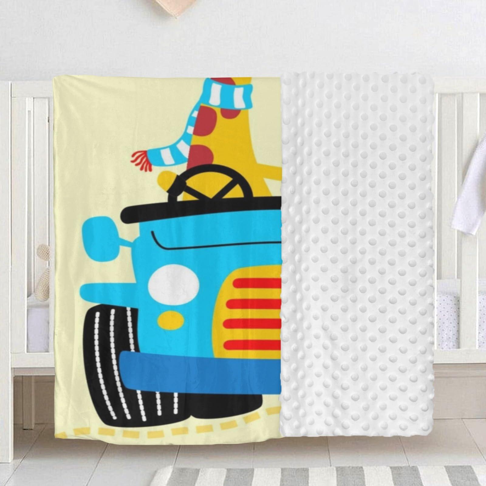 Joyestore Giraffe Cartoon Car Personalized Baby Blanket Boys Girls Soft Minky Blanket Double Layer Dotted Custom Newborn Shower Gifts 35X45 in