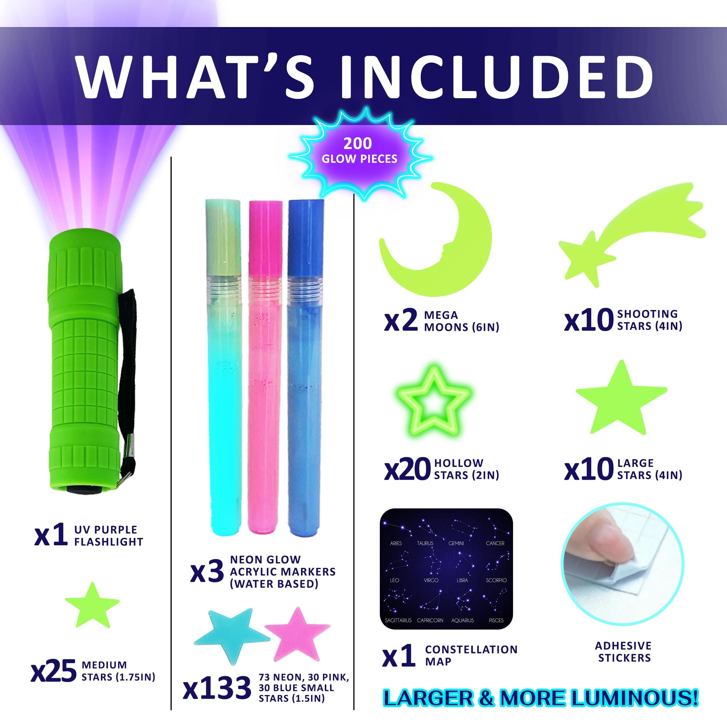 Birth Core Glow in The Dark Stars for Ceiling, Kids Room Decor, 3-in-1 Set, UV Flashlight Blacklight, Neon Glow Markers, Arts and Crafts for Kids, Glow in The Dark Stickers, Wall Decor. 200 Stars and Moon