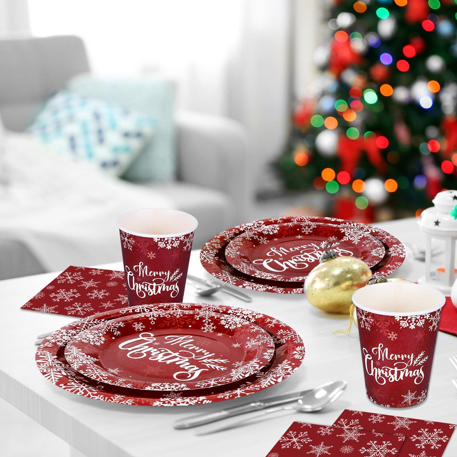 AnyDesign AnyDesign Christmas Paper Plates and Napkins 50Pcs Plates and 25Pcs Luncheon Napkins with 25Pcs Cups Red Xmas Winter Snowflake Disposable Dinner Tableware Set for Party Supply Table Decor