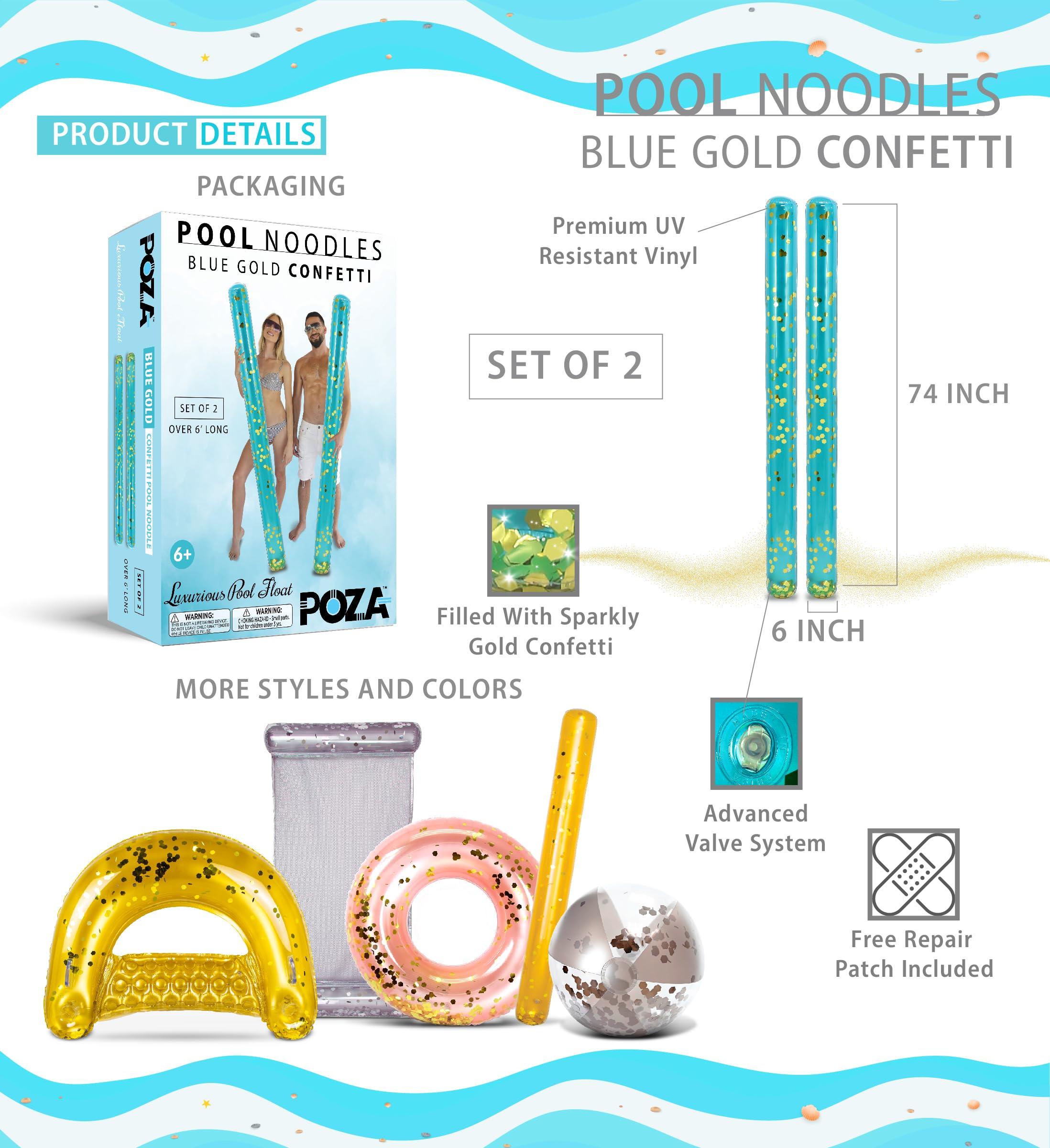 POZA POZA 2 Pack Jumbo Inflatable Pool Noodle Floats - 74-inch Premium Luxurious Giant Pool Noodle Inflatable Floats, Sparkle Blue Gold Glitter Confetti Pool Float Inflatable Noodles for Ocean, Lake, Beach
