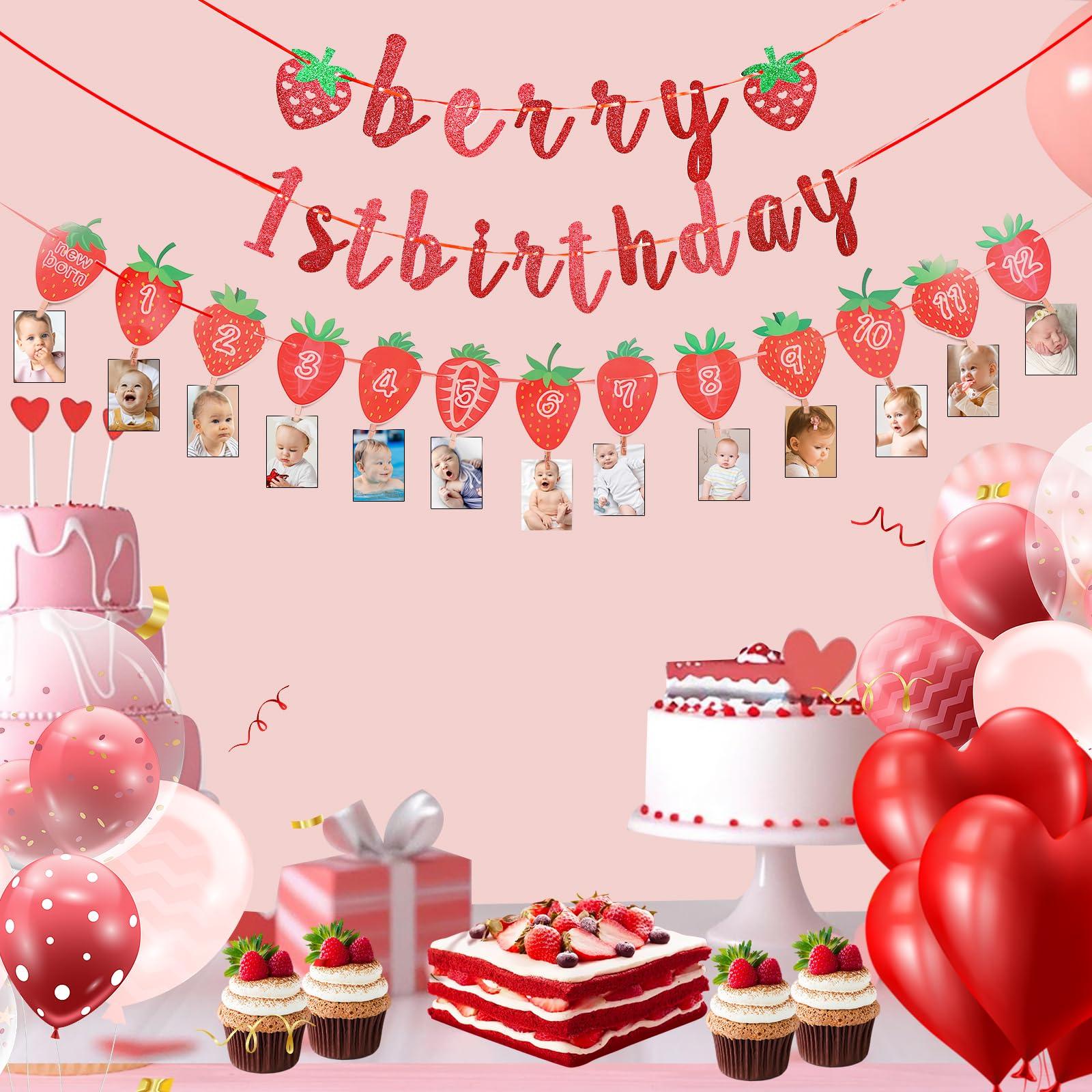 Andibro Andibro Strawberry First Birthday Party Decor, Berry 1st Birthday Party Supplies,Sweet Berry Monthly Photo Banner Milestone Photograph Bunting Garland Strawberry Hanging Decoration Fruit Themed Shower