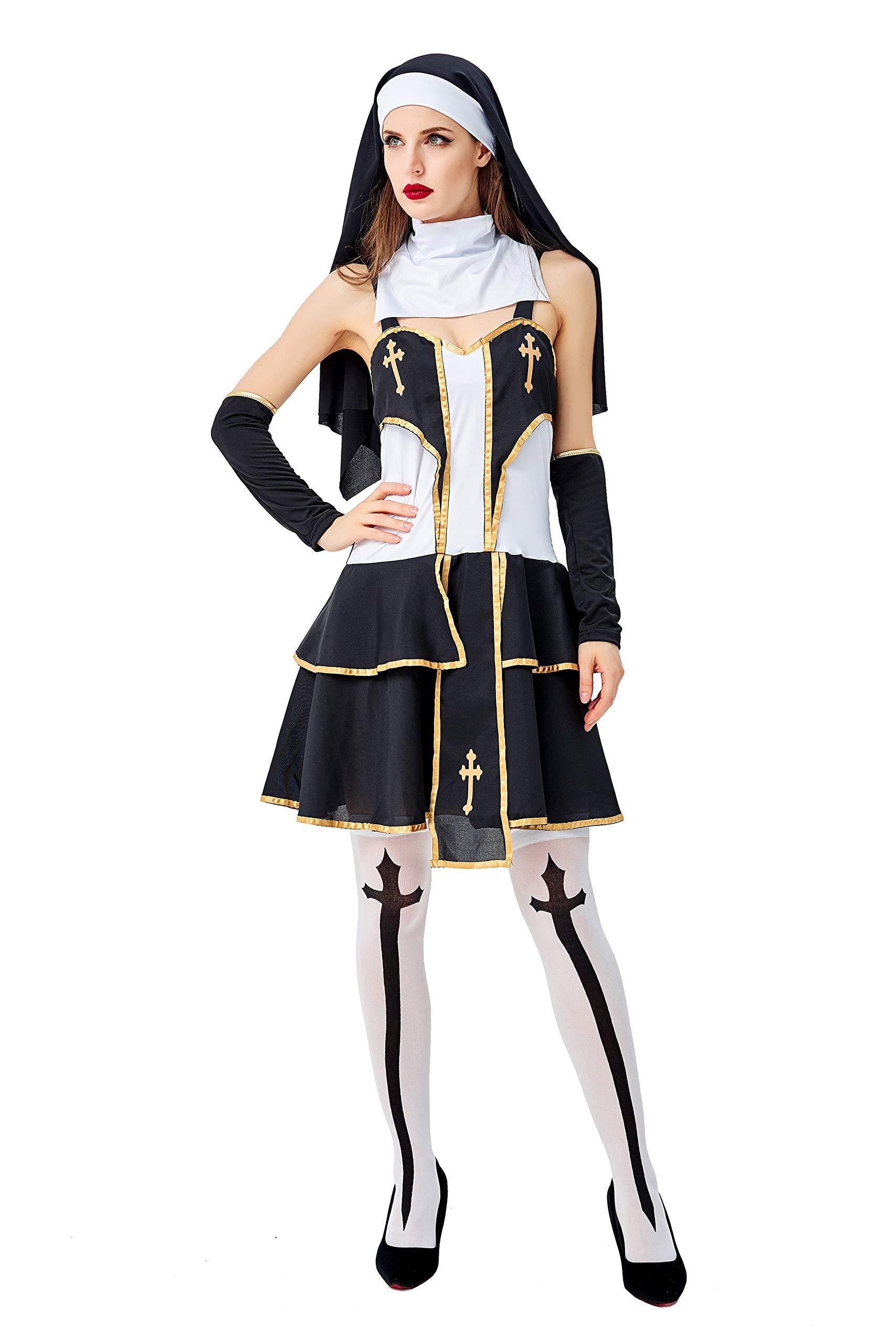 Halloween Costume Halloween Costume, Christian Missionary Pastor, Virgin Mary Sister, Role Play, Slip Dress (XL) Black/Gold
