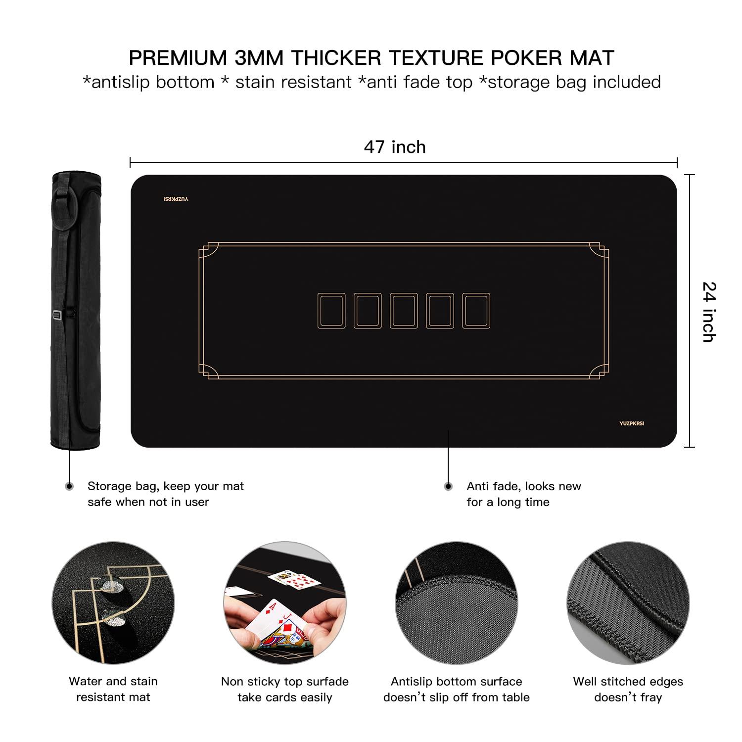 YUZPKRSI YUZPKRSI Texas Hold'em Poker Mat, 6 Players Poker Table Mat Water Repellent, Portable Poker Table Top Topper with Thicken Carrying Bags for Poker Games, Blackjack, Casino, 47 x 24 Inch
