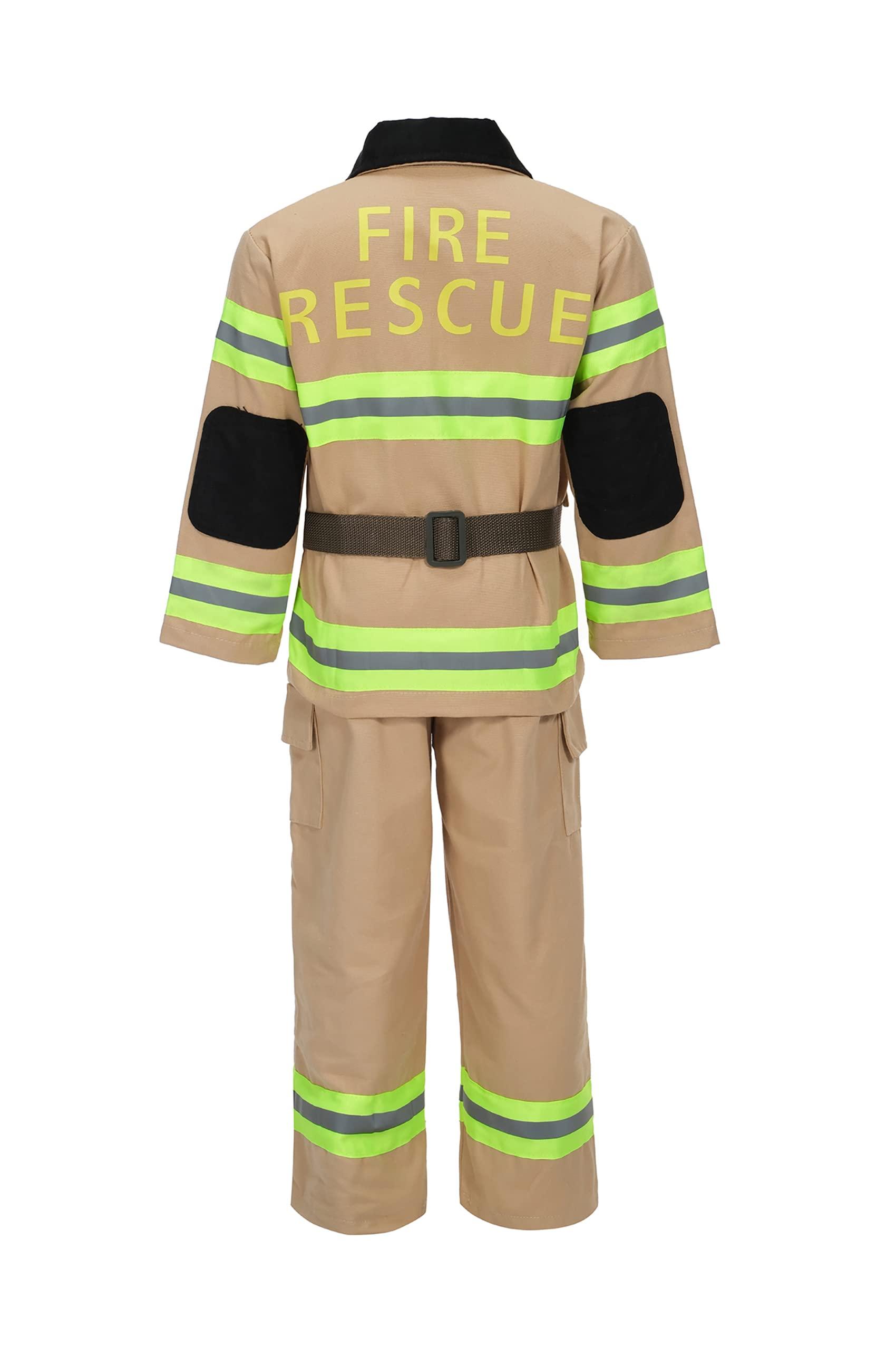 Kosgraiy Kosgraiy Firefighter Costume for Kids,Tan Fireman Costume for Boy and Girl,Kds Fire Chief Costume Outfit,Halloween,9pcs,Size S for Children 3-4Years