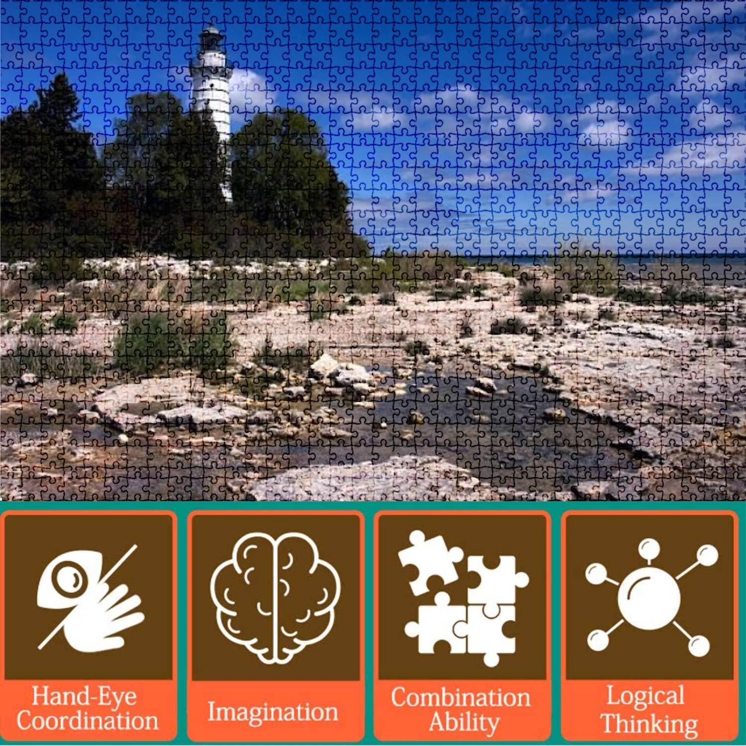 Kanworse 1000 Pieces Wooden Jigsaw Puzzle Cana Island Lighthouse During Summer Door County Wisconsin Fun and Challenging Board Puzzles for Adult Kids Large DIY Educational Game Toys Gift Home Decor