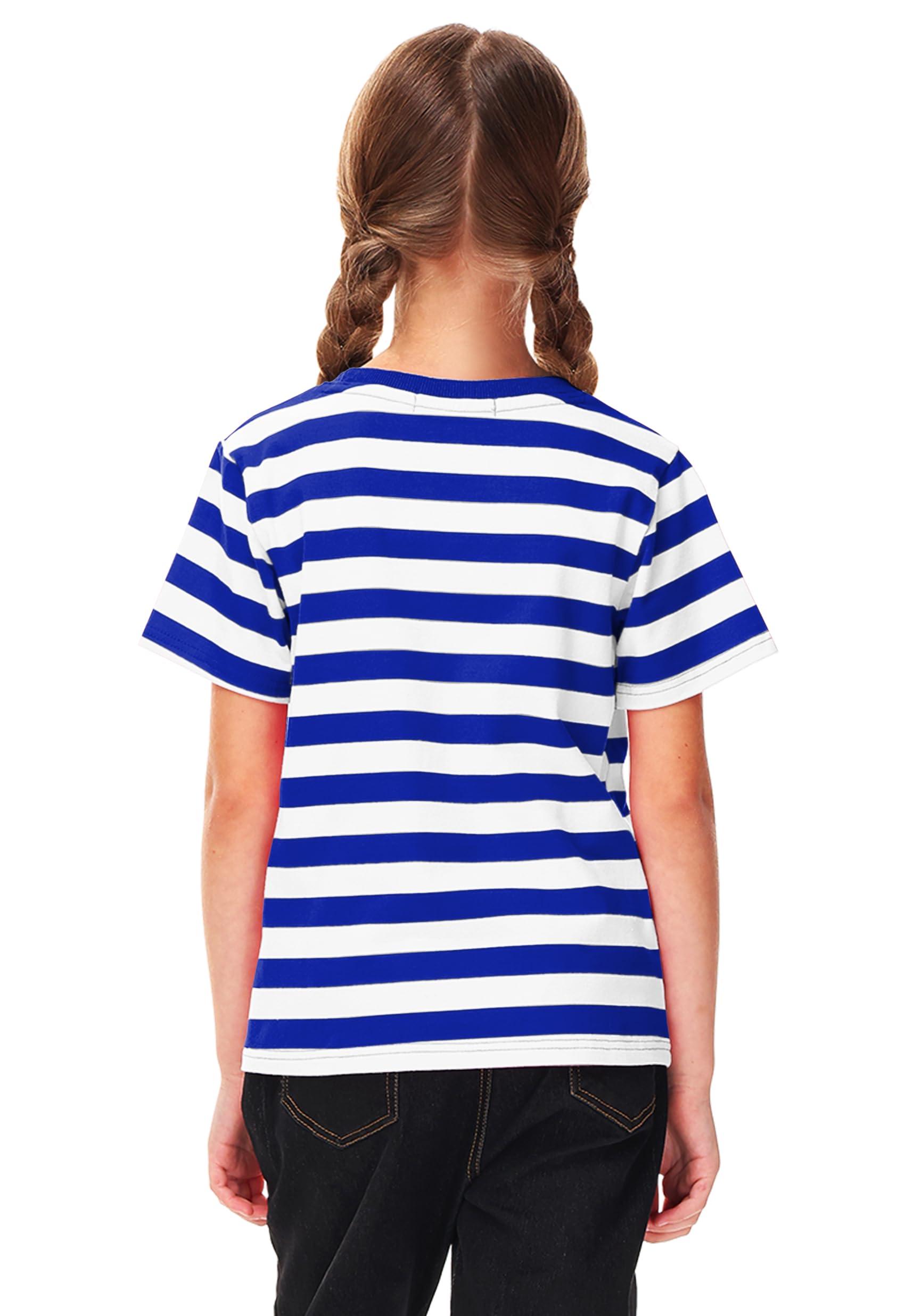 Deerose Kids Halloween Sailor Pirate Costume Blue White Striped Shirt Short Sleeve Boys Summer Tee Top 11-12 Years