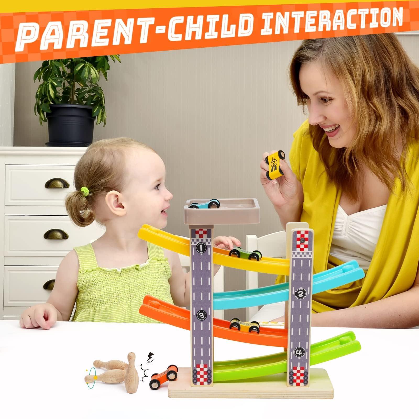 Ark miido Wooden Car Ramp Toys Race Track Zig Zag Car Slide Toddler Montessori Toys Click Clack Race Track Bowling Game Gifts Wooden Car Toy Garage with 4 Mini Cars 3 Bowlings for 1 2 3 4 5 Year Old Boys Girls
