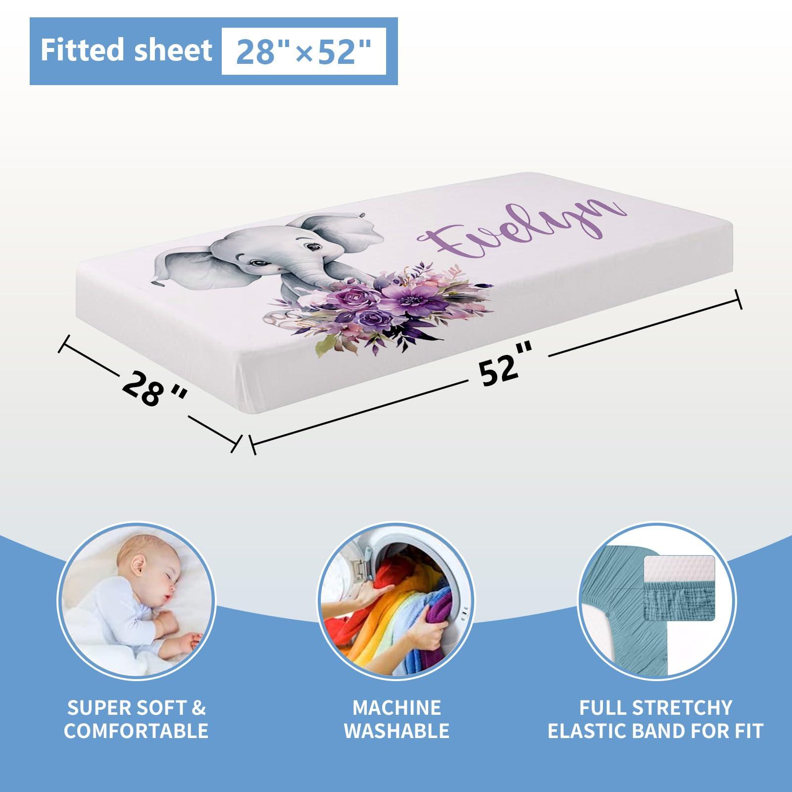 KAINSY KAINSY Custom Baby Crib Bedding Set, 3 Pcs Personalized Baby Crib Sets with Name, Purple Elephants Bedding Set, Baby Bedding Crib Sets for Baby Girls, Customized Gifts for Toddlers Kids Infants