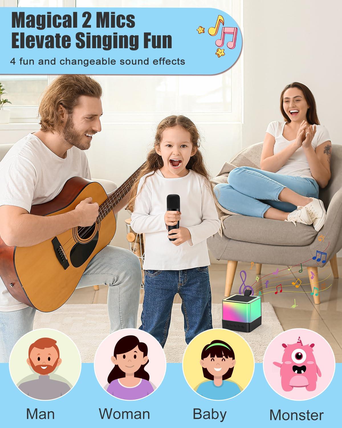 SmileSpree Mini Karaoke Machine for Kids Adults, Portable Bluetooth Speaker with 2 Wireless Microphones, Toys for Girls, Boys - Birthday Gifts for Ages 4, 5, 6, 7, 8, 9, 10, 12+ Family Home Party (Black)