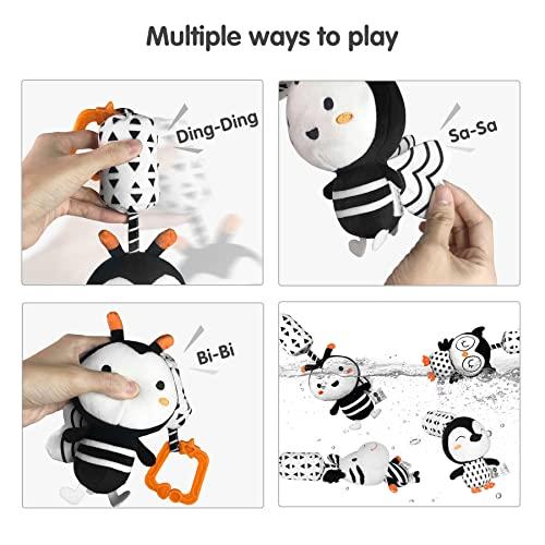 TUMAMA TUMAMA Black and White Baby Toys for 3 6 9 12 Months,Plush Hanging Rattles,Newborn Stroller Toys for Boys and Girls,4 Pack