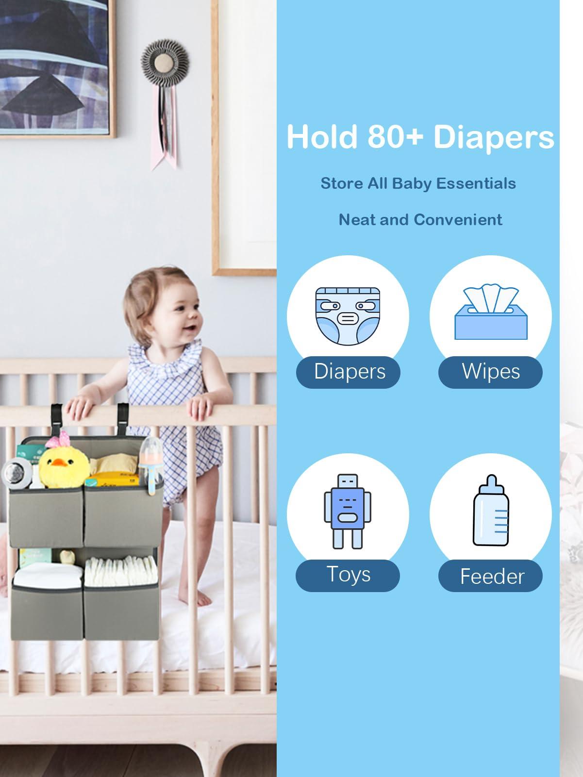 KIKJOK KIKJOK Hanging Diaper Organizer for Crib/Playpen/Bassinet Hold 80+ Diapers - 4 Deep Pockets-H19in x L15 in Changing Table Diaper Holder - Hanging Diaper Stacker Nursery Caddy Organizer - Grey