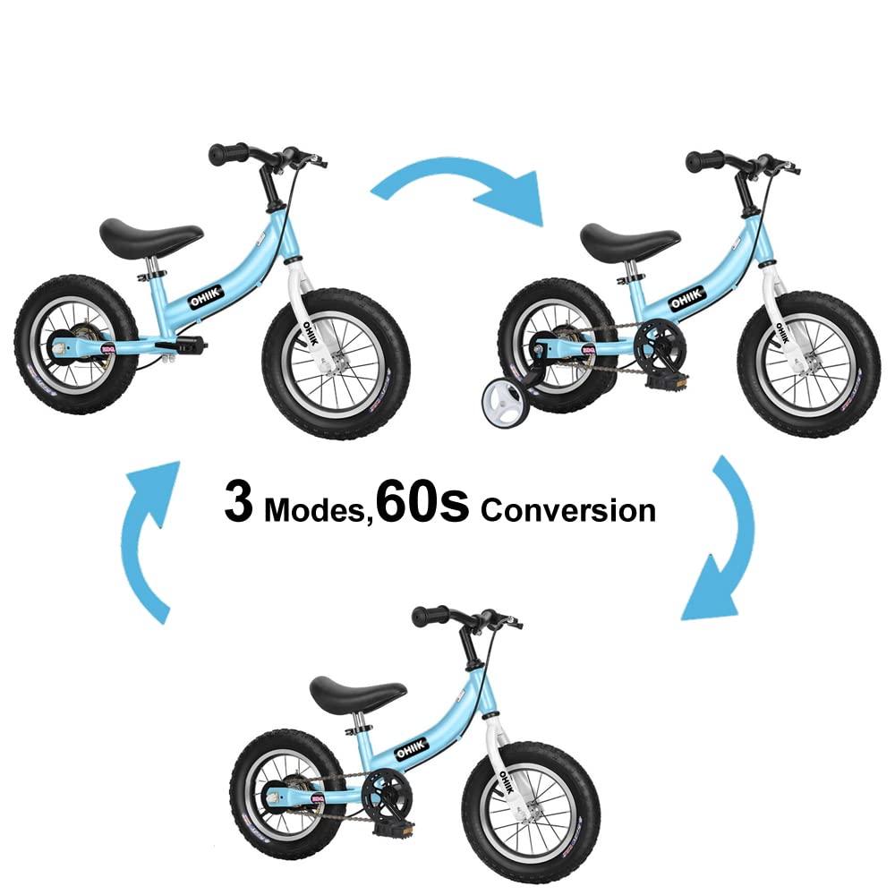 OHIIK OHIIK Balance Bike 2 in 1 for Kids 3 4 5 6 7 Years Old,Balance to Pedals Bike,12 14 16 inch Kids Bike,with Pedal kit,Training Wheels,Brakes (14 inch, Blue)