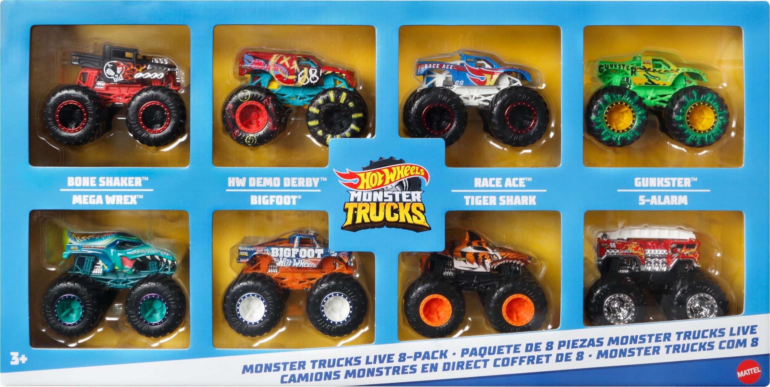 Hot Wheels Hot Wheels Monster Trucks Live 8-Pack, Set of 8, 1:64 Scale Race Ace, Bone Shaker, Tiger Shark, HW Demo Derby, Mega-Wrex, 5-Alarm, Gunkster & Bigfoot