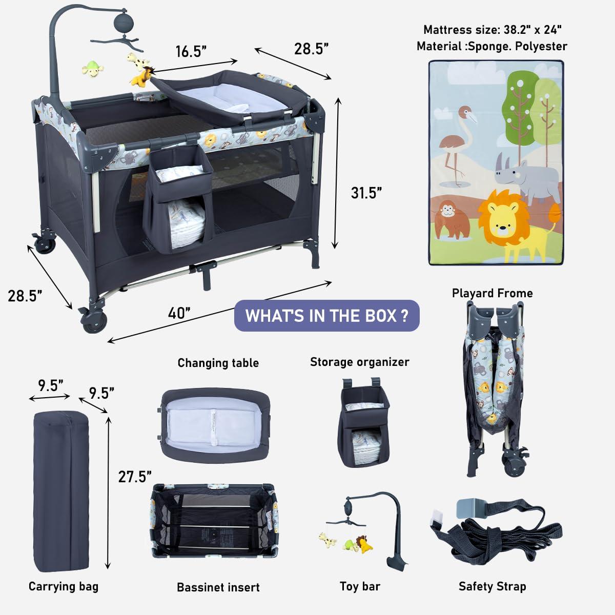 SIMPLGIRL 5-in-1 Baby Bassinet Bedside Crib, Pack and Play Long Next to Parents Bed Crib with Toys & Music Box, Mattress, Foldable Playard, Playpen Travel Bed Nursery Center for Girl Boy Infant Newborn