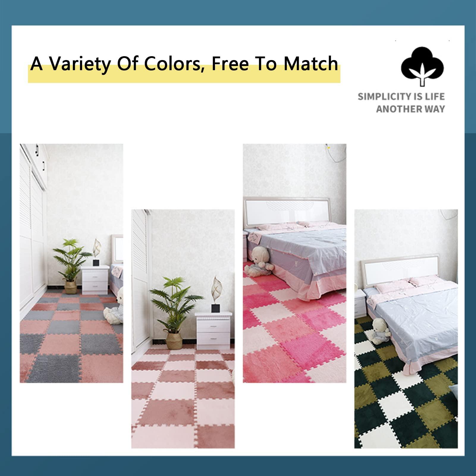 FYYSJW 20 Pcs Interlocking Carpet Tiles,Plush Foam Floor Mat,Square Puzzle Mat,Climbing Mat Area Rugs for Home Playroom,20 Tiles/19.4 Sq.Ft,Coffee+Rose+White