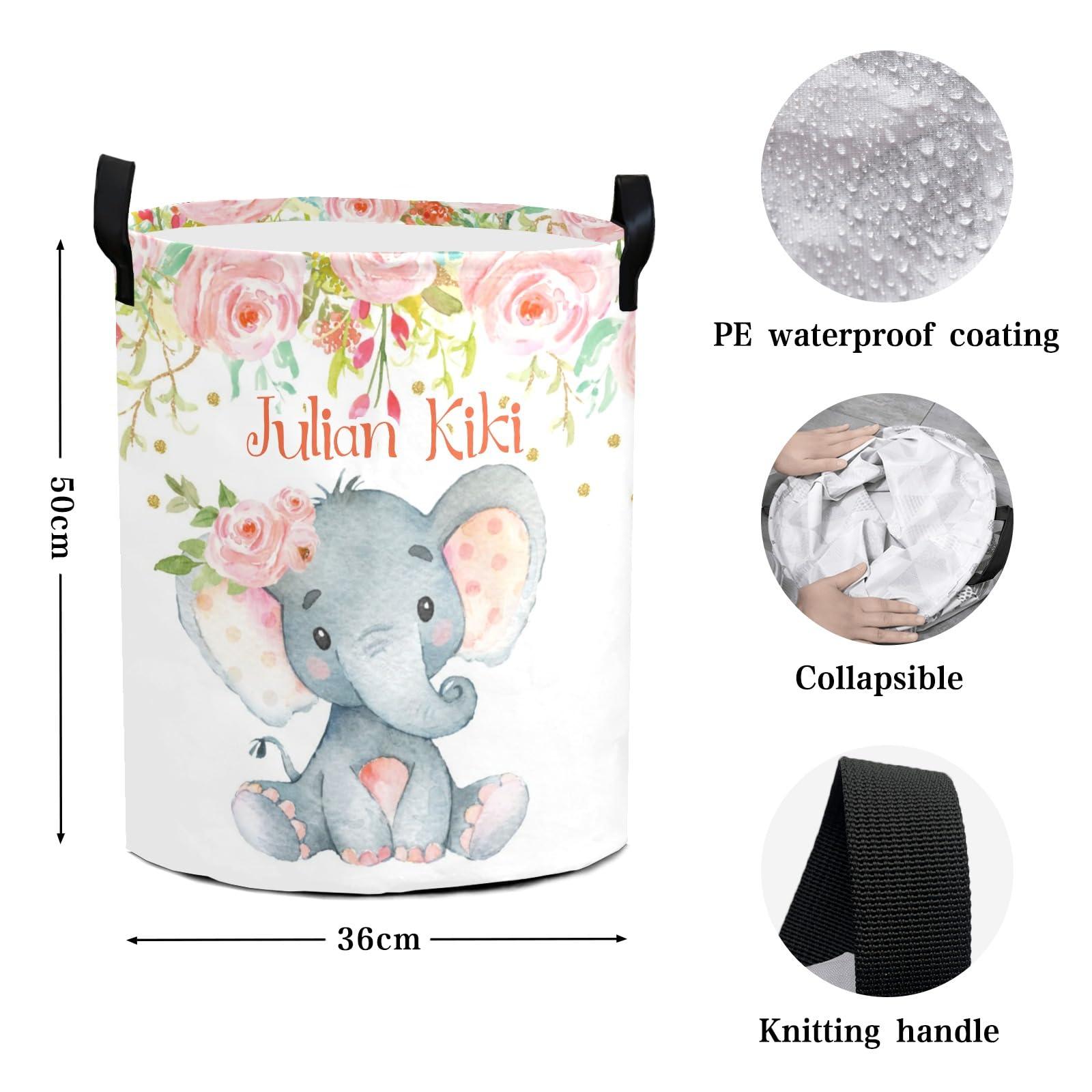 Joyestore Pink Flower Elephant Personalized Laundry Basket,Custom Name Collapsible Waterproof Laundry Hamper Storage Bins with Handle for Clothes,Toys Nursery