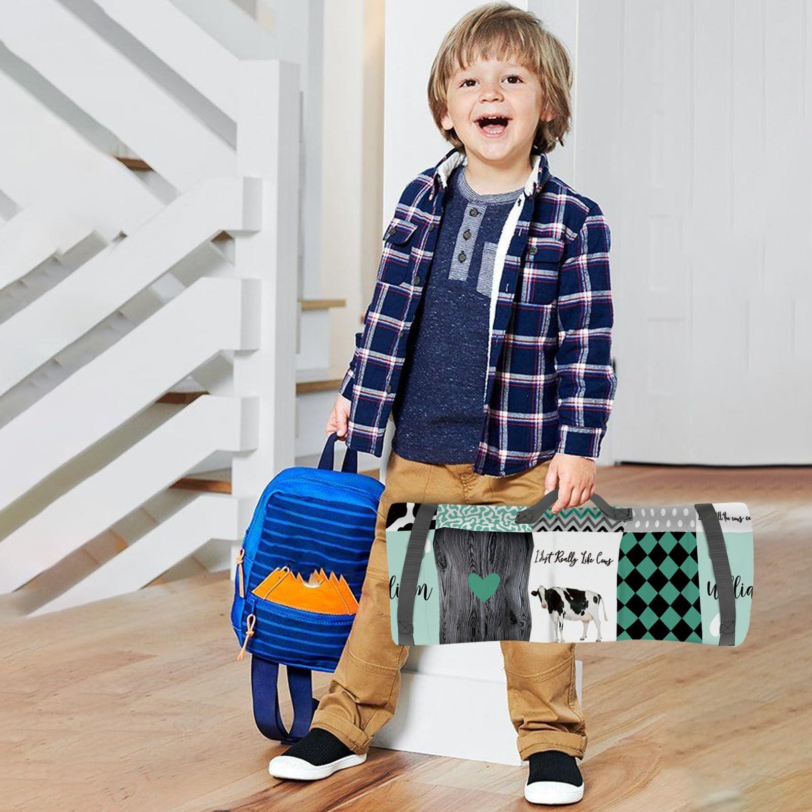 Duckbe Custom Toddler Bedding Set - Personalized Name with Animals Plaid Nap Mat for Preschool, Roll Up Sleeping Bag with Flannel Blanket for Boys Girls Kids Daycare Gift Color10-Cow