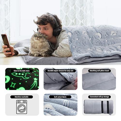 HOMBYS HOMBYS Glow in the Dark Sleeping Bags for 10~12 Years Old Kids, 84\"x30\" Soft Kids Nap Mat with Pillow and Blanket for Daycare School, Grey Travel Sleep Bag for Childern Girls Boys Truck Travel Camping