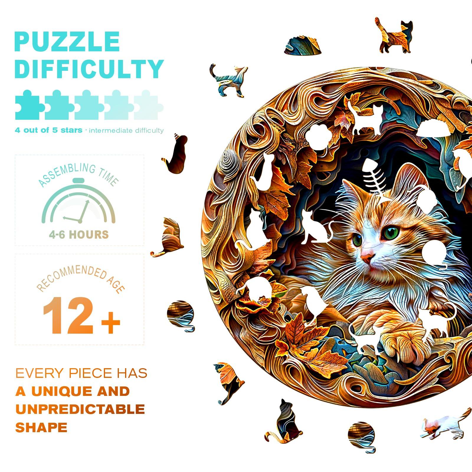 Purdicra Wooden Puzzles for Adults, 3D Vision Wooden Jigsaw Puzzles for Adults Kids, 300pcs Unique Shape 3D Cat Wooden PuzzleChallenging Adult Puzzles Family Games 13.4 * 13.4in