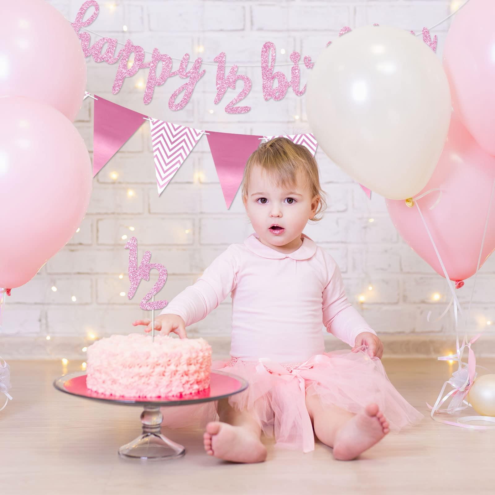 Boao 6 Months Banner Happy Birthday Banner Happy 1/2 Birthday Banner Glitter 1/2 Half Year Cake Topper Triangle Flag Banner for Half Year Baby Shower Birthday Party Decoration, Pre-strung (Pink)