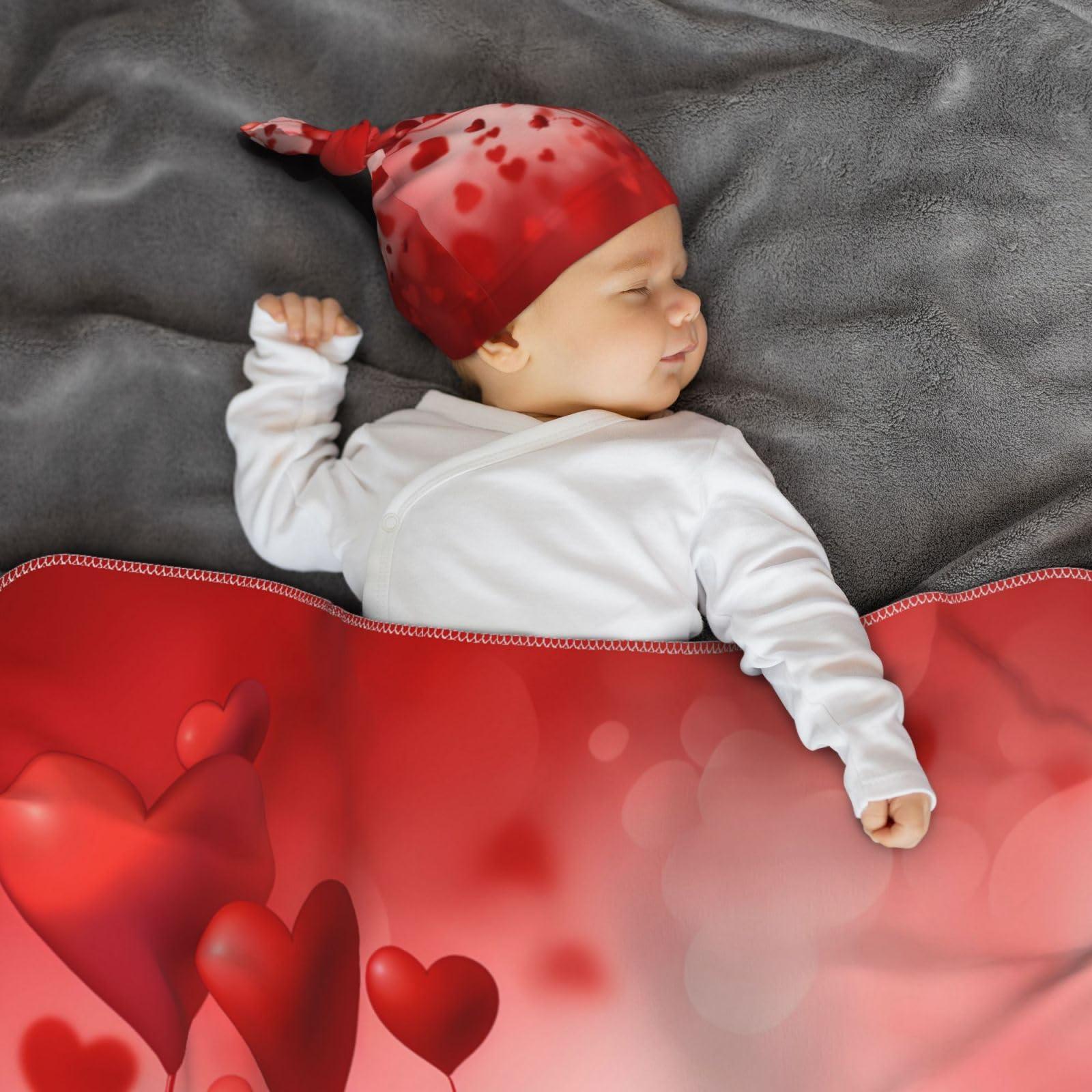 Fiephvsa Red Heart Shape Balloon Baby Swaddle Blanket with Beanie Set, Newborn Receiving Blankets 35.4"X 35.4" Valentine's Day Soft Swaddle Wrap Baby Stuff for Infant Boy Girl Gift