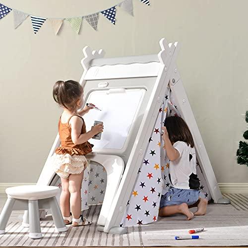 Merax Merax Foldable Triangle Climber, 4-in-1 Kids Hideaway Play Tent with Art Easel, Stool for Toddlers, Climbing Triangle Crawling Tunnel Toy Activity Play Set (White)