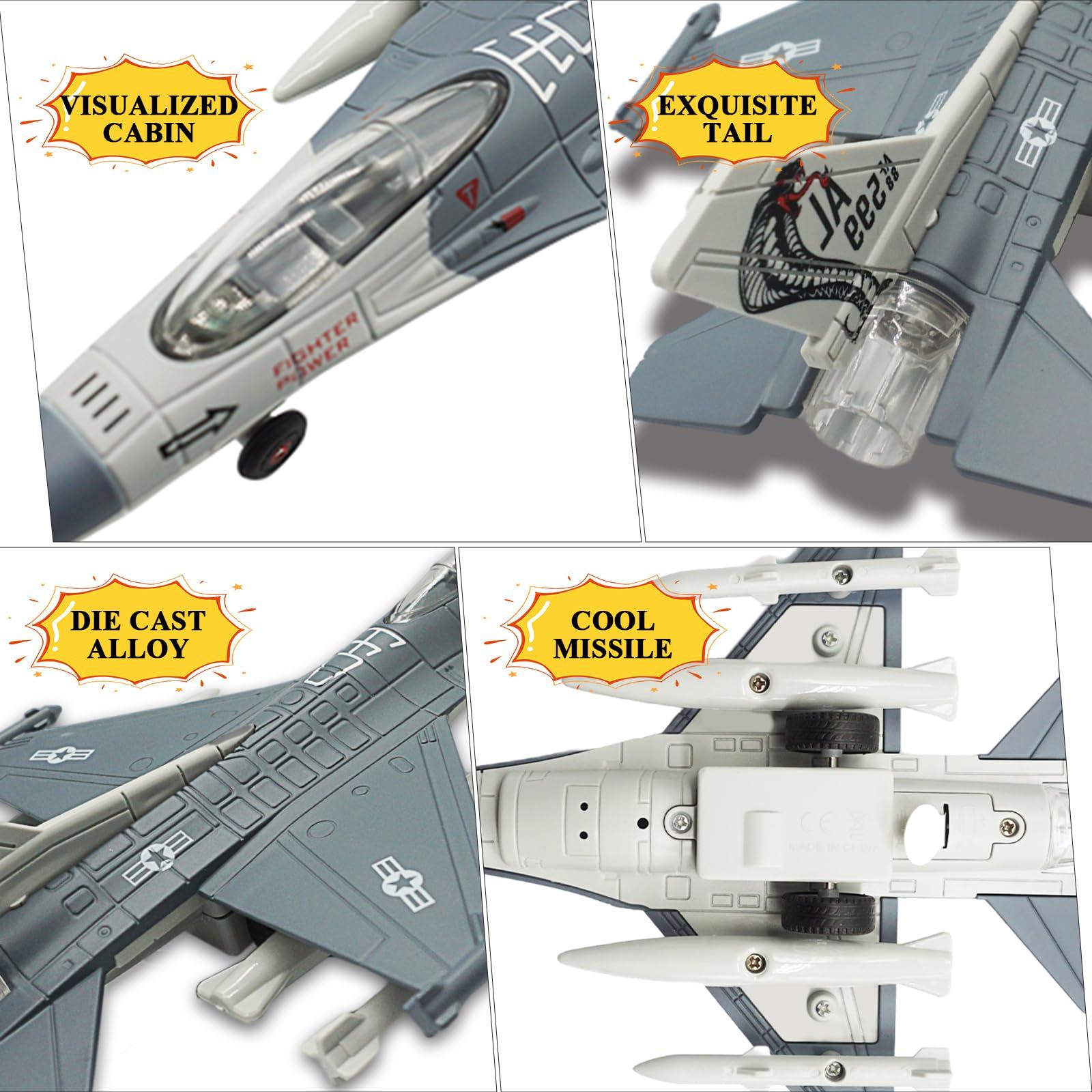 OTONOPI OTONOPI Fighter Jet Military Airplane Toy Army Air Force Die Cast Aircraft F-16 Model Plane for Kids Gift Toy Collection with Lights and Sounds Bump and Go Action